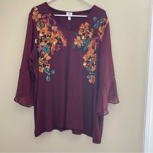 NWT DRESS BARN PLUS SIZE 2X BURGUNDY DRESS BLOUSE WITH FLORAL DETAIL